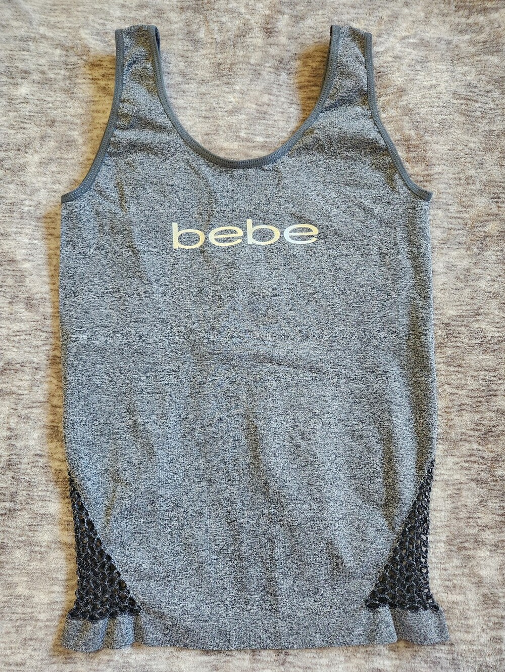 Bebe Heather Grey Seamless Scoop Neck Tank Top Crochet Side Cutout Athleisure L